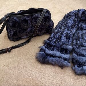 Elegant Blue Faux Fur Women's Bag and Scarf